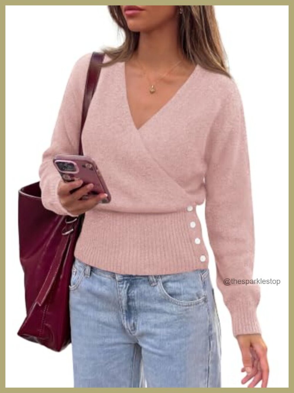Women V Neck Wrap Sweater Cropped Pullover Long Sleeve Knit Top